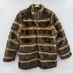 Pamela McCoy Faux Fur Brown Jacket Coat Satin Lining Womens small full zip